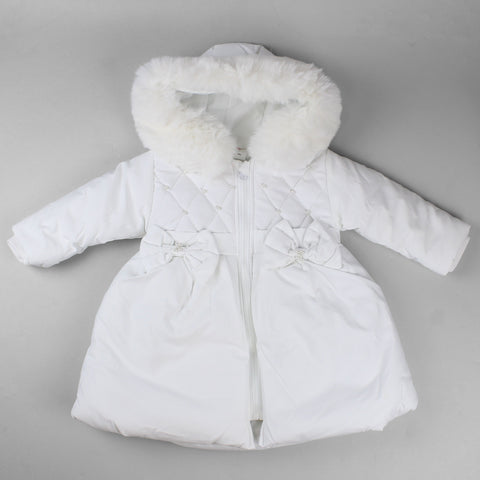 baby girls white puffer coat with fur trimmed hood for winter