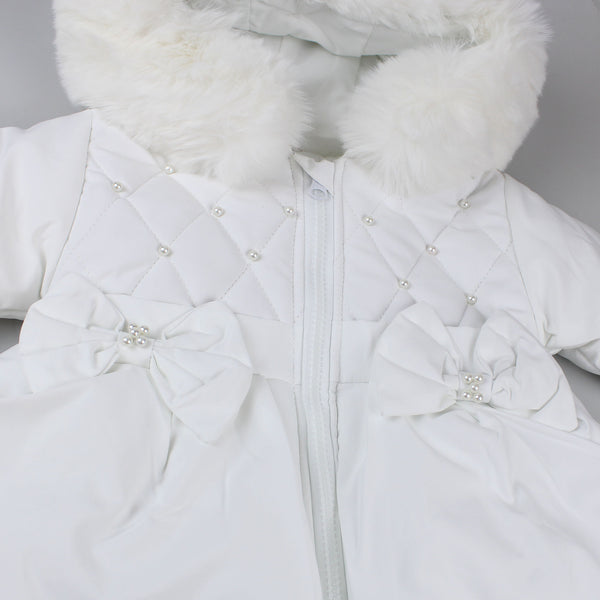 baby girls white puffer coat with fur trimmed hood for winter