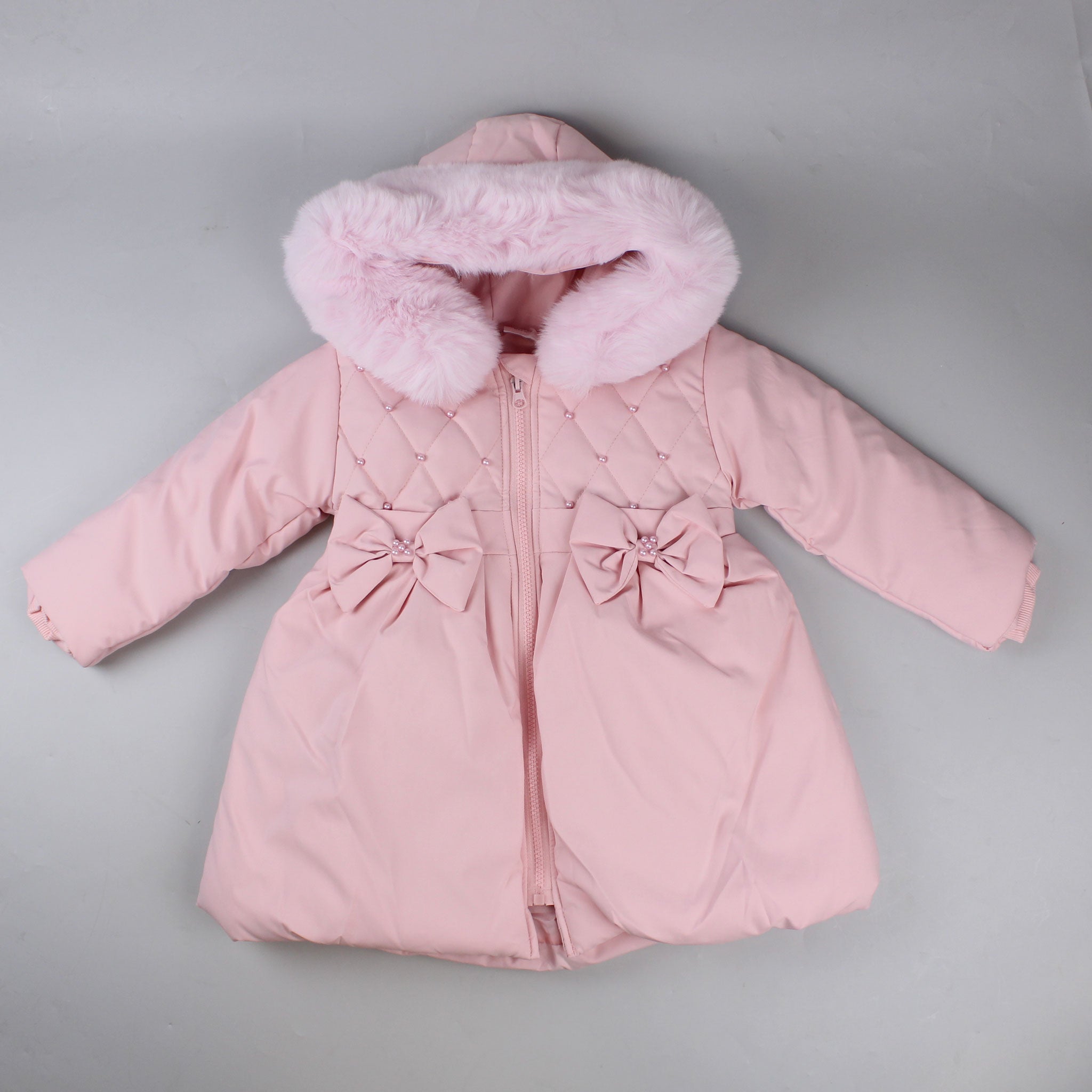 Girls Pink Puffer Quilted Winter Coat with Fur Trimmed Hood