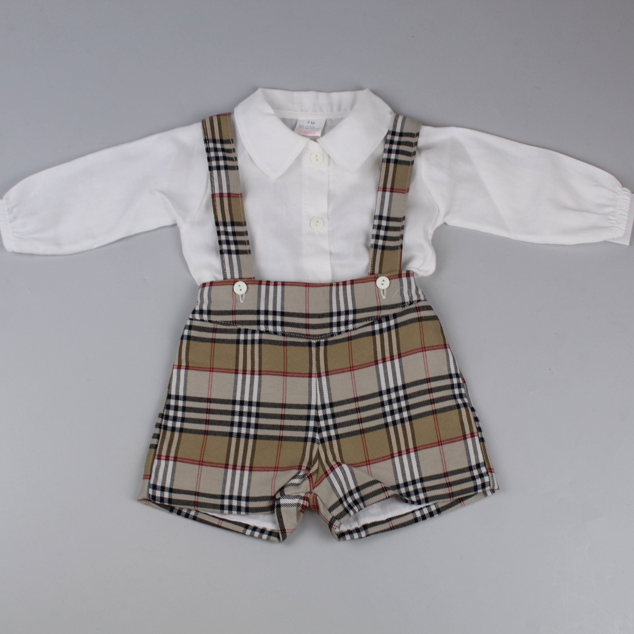 baby boys beige tartan shorts with braces with a white shirt