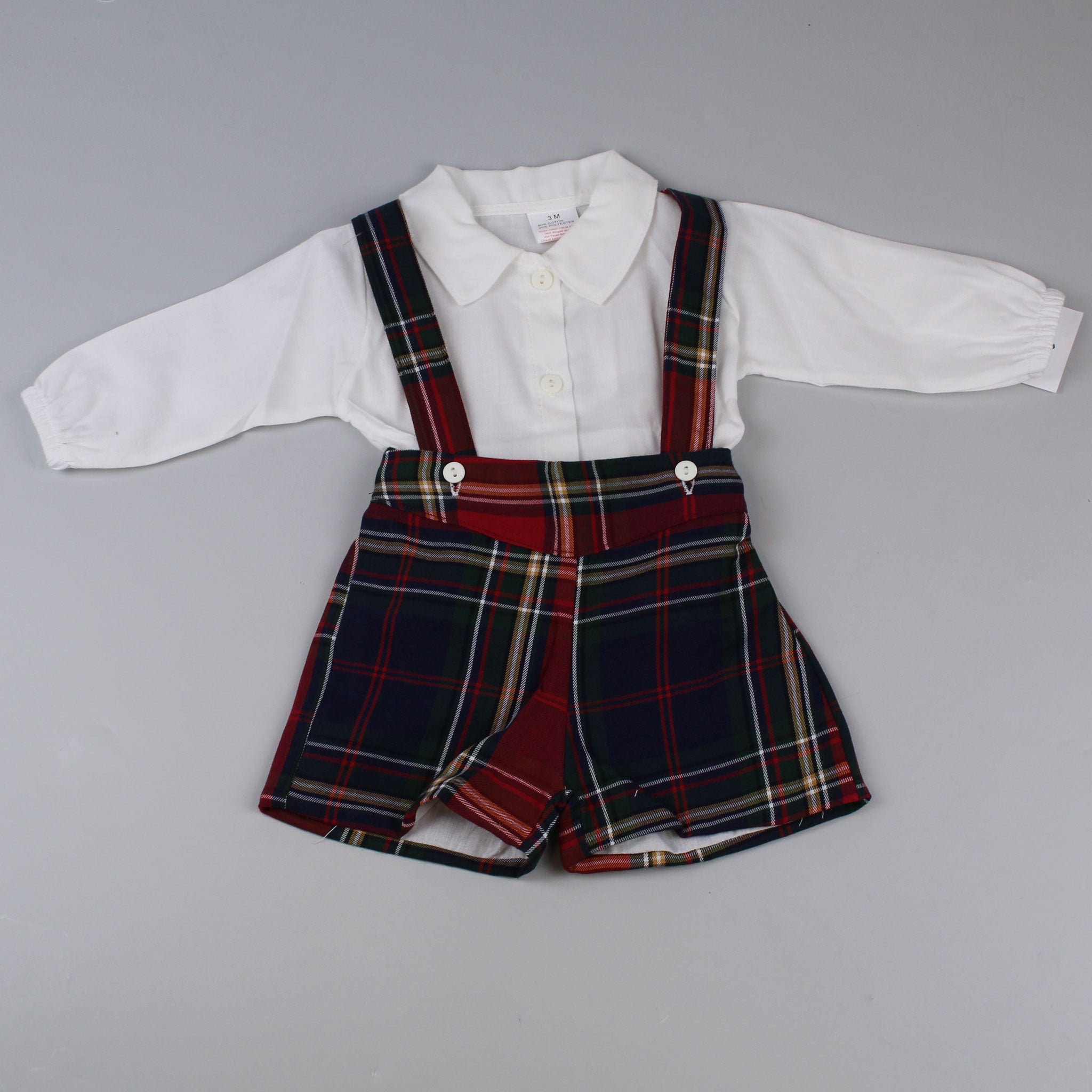 baby boys tartan two piece outfit white shirt and shorts with braces