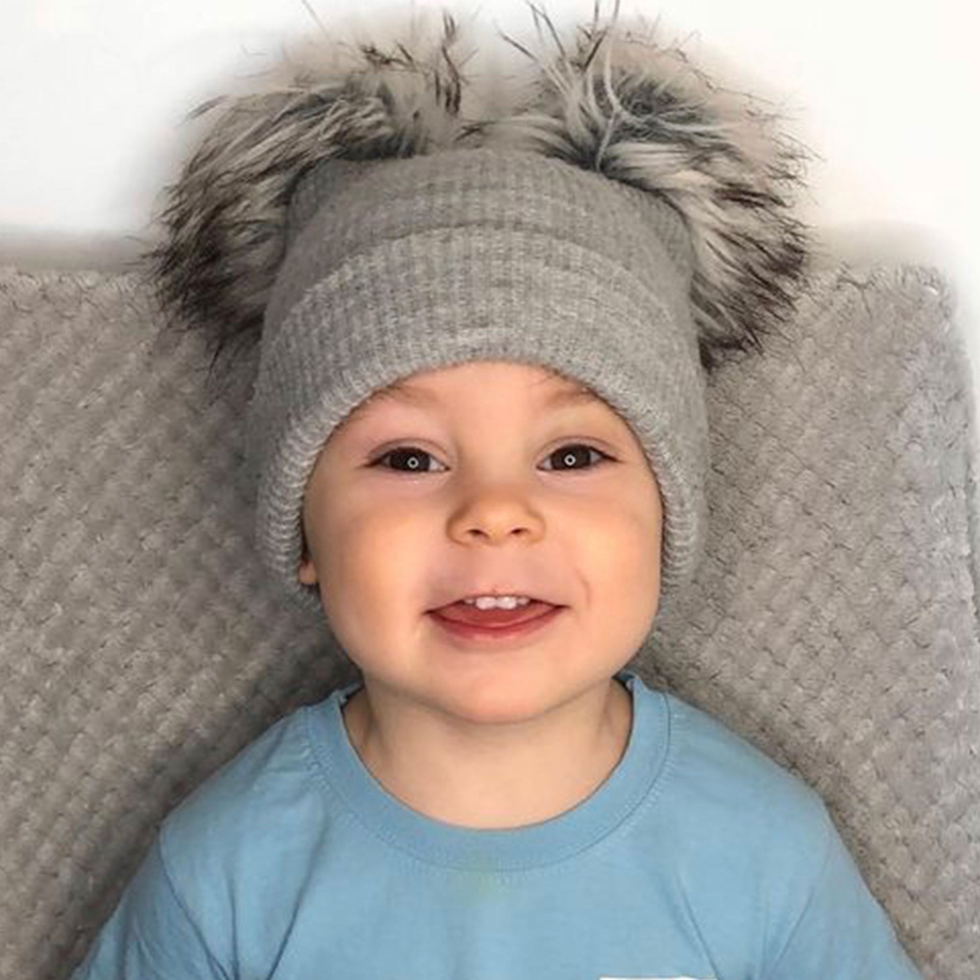 double pom grey baby hat