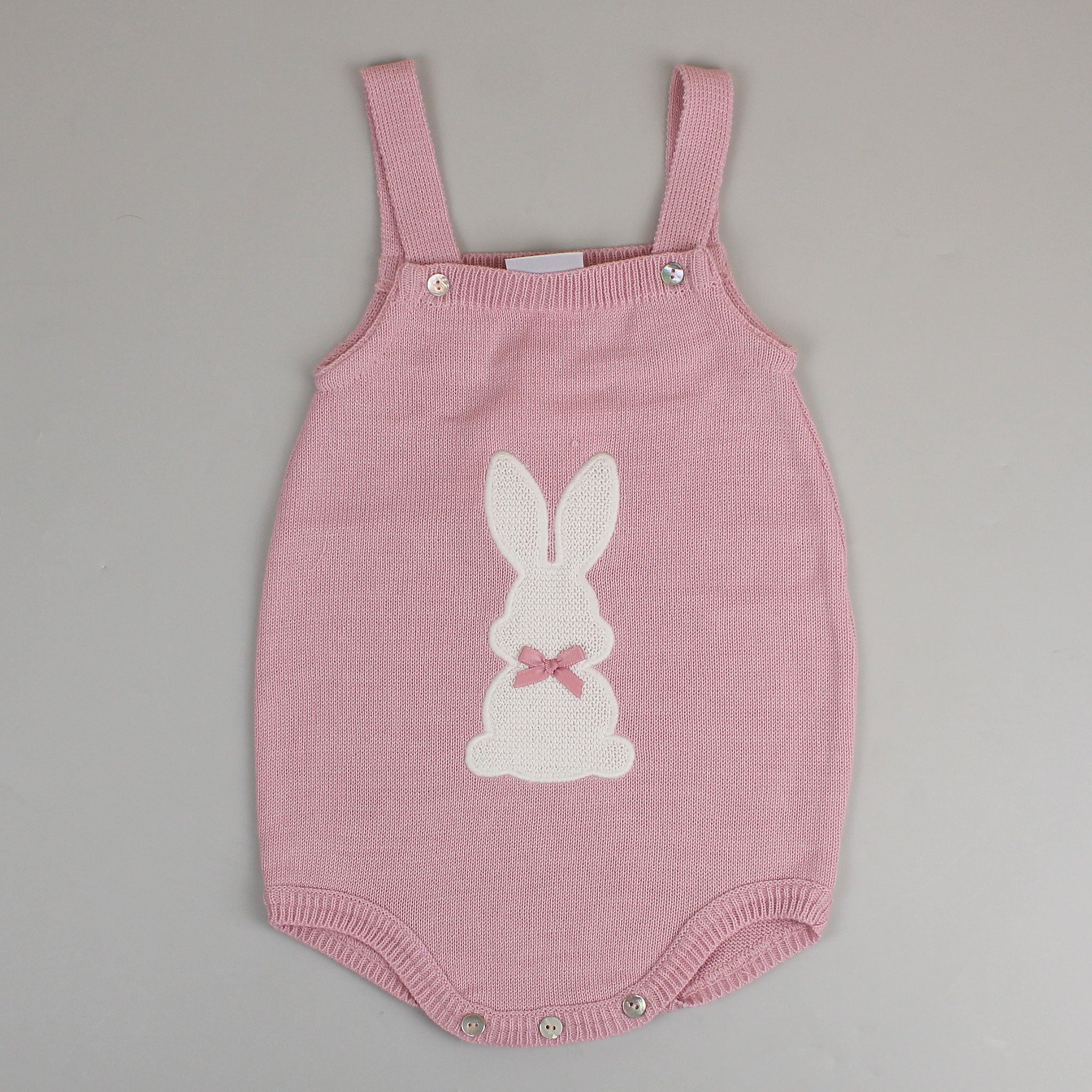 pink dungarees with white bunny and bow
