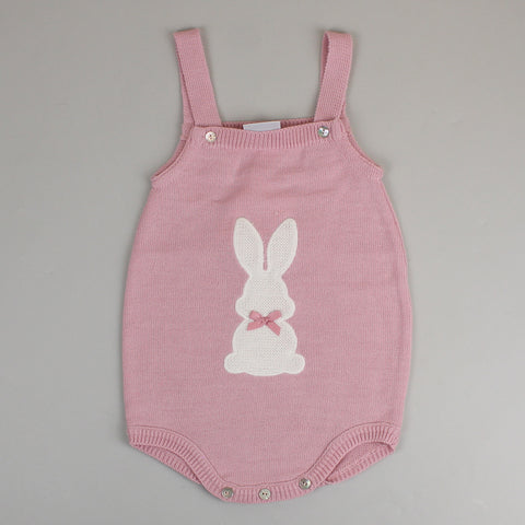 pink dungarees with white bunny and bow