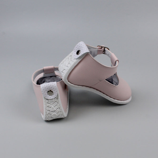 Pink Leather T Bar Shoe With White Sole