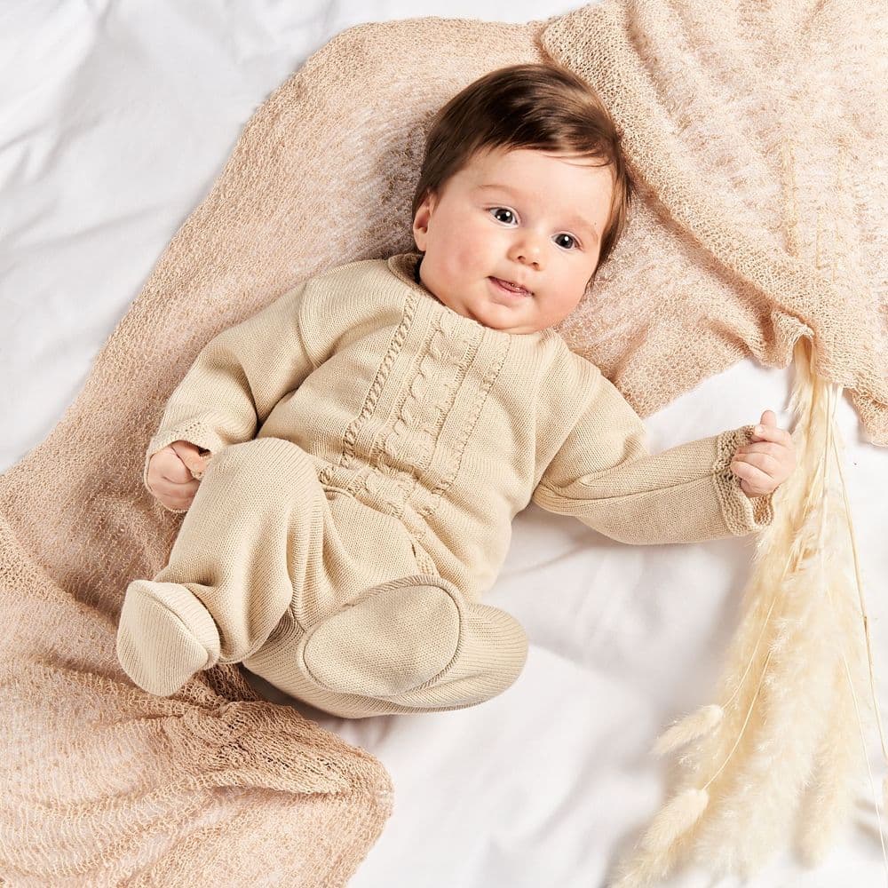 Knitted Baby Outfit - Beige Cable Lace Trim Top and Trousers