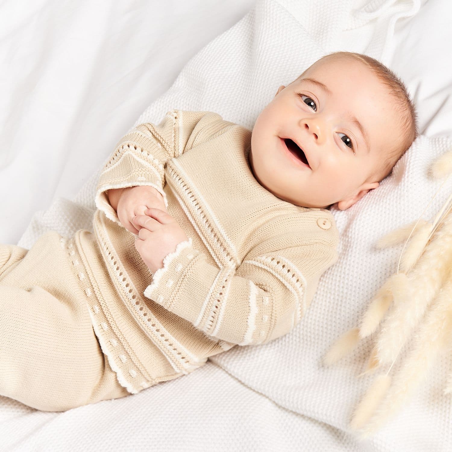 baby unisex beige knitted newborn first outfit
