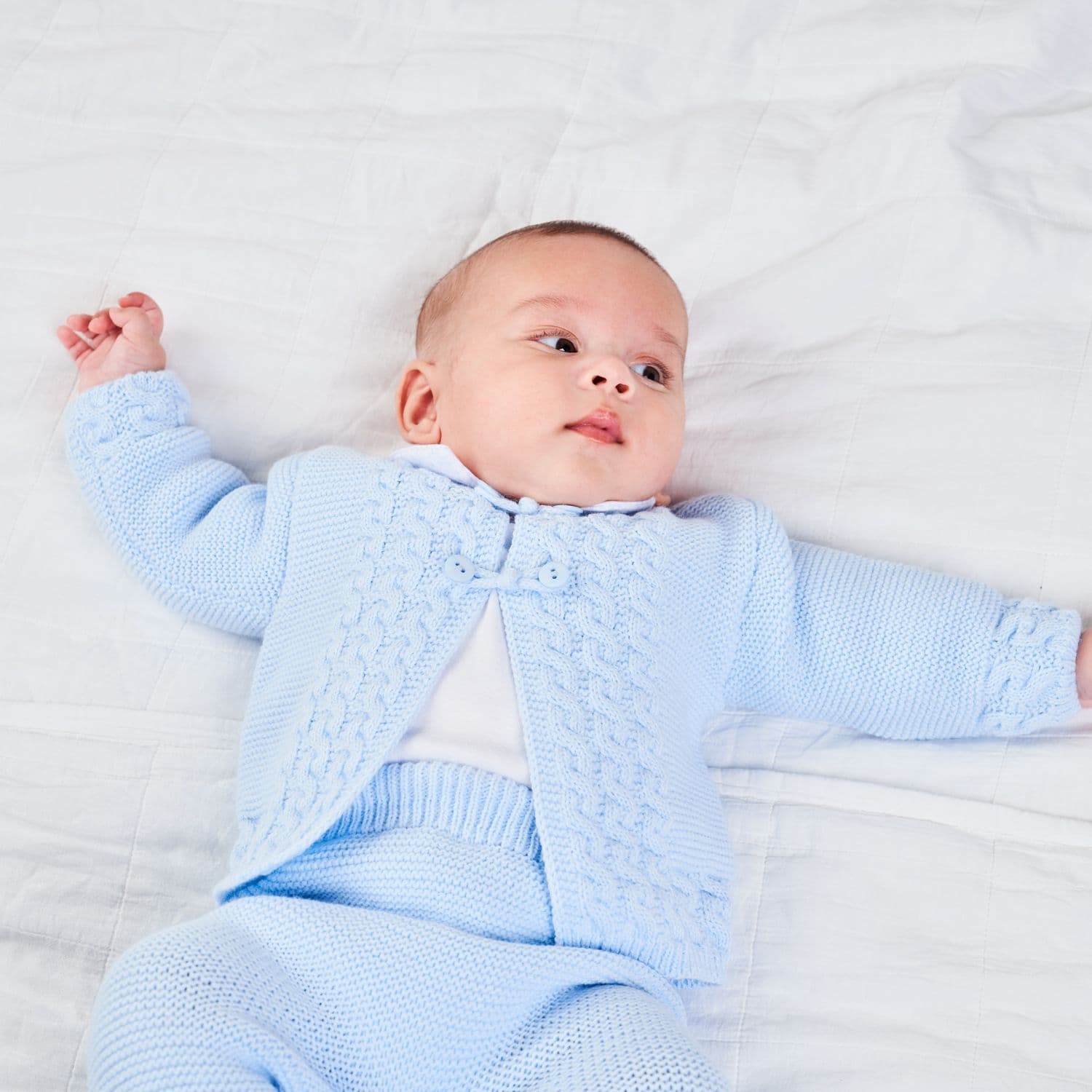 Baby Boys Blue Pram Suit Knitted Two Piece Outfit – Lullaby Lane