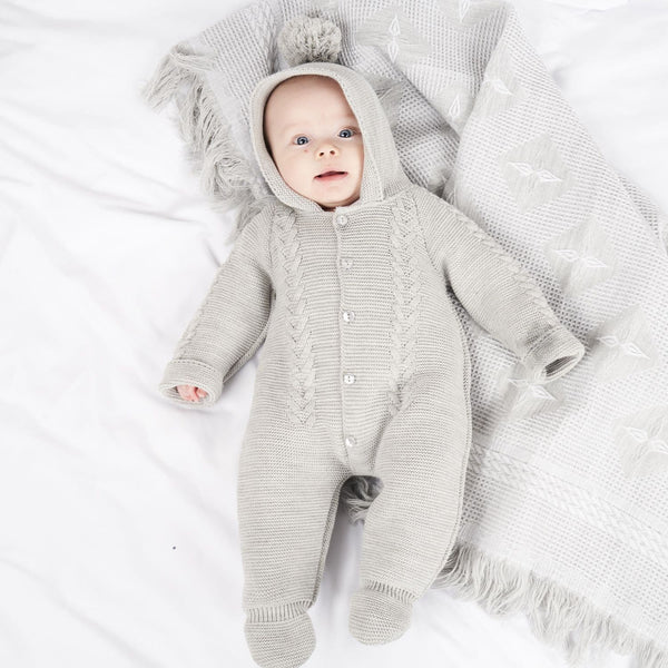 baby grey knitted hooded all in one