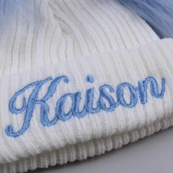 Personalised Baby Double Pom Hat - White Blue