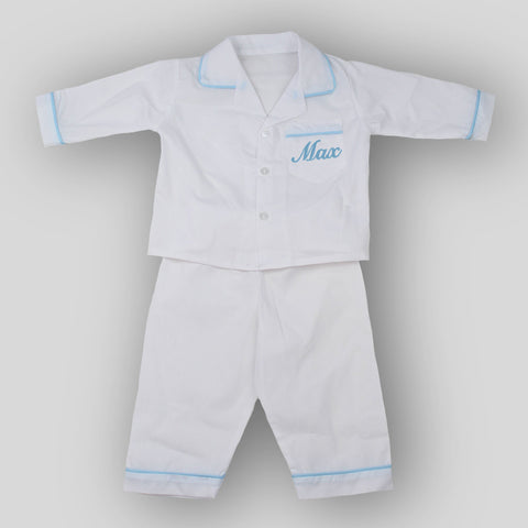 personalised boys pyjamas in white and blue
