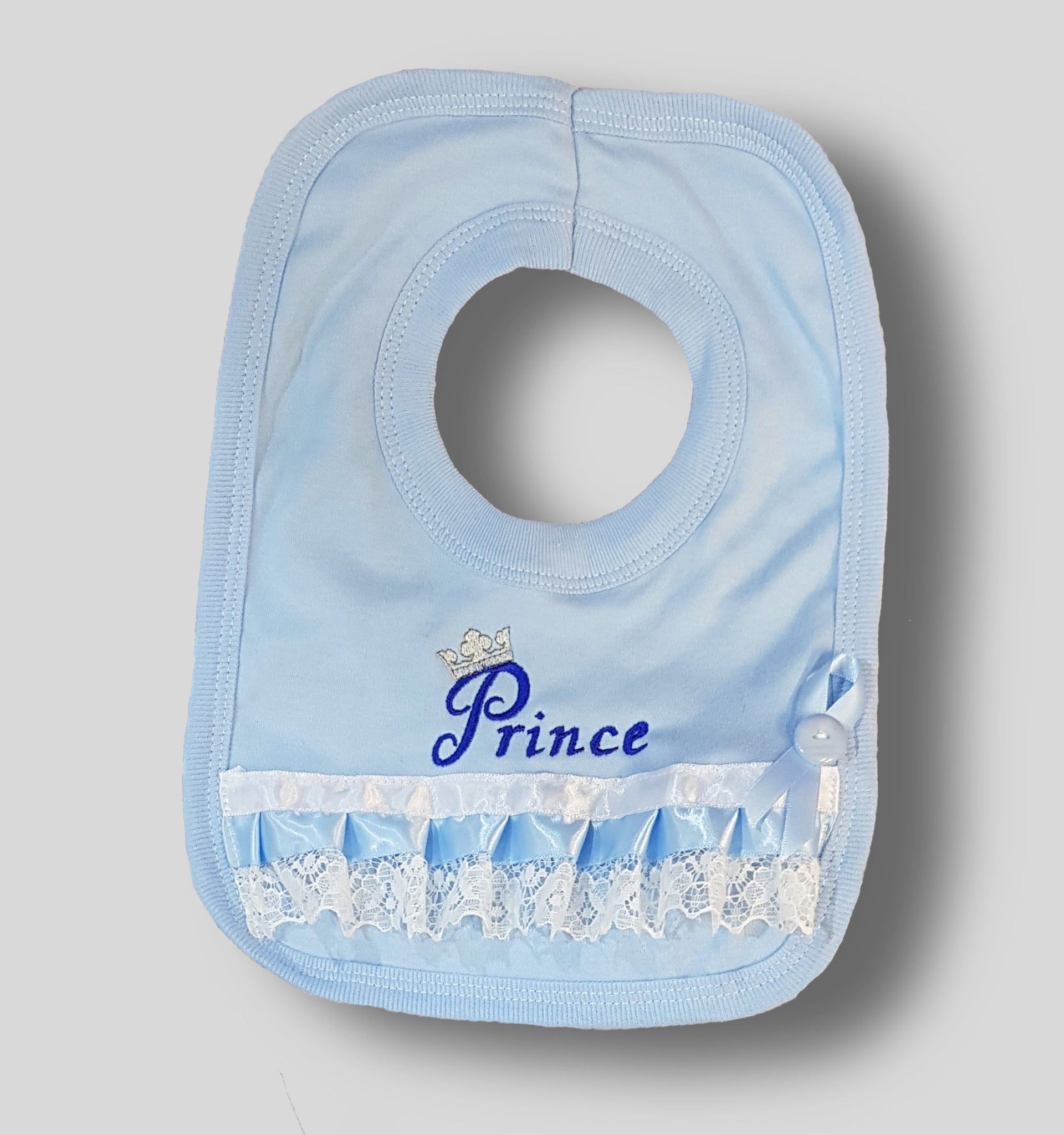 baby boy blue bib pop over with lace and ribbons