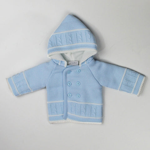 baby boys blue and white knitted buttoned and hooded jacket