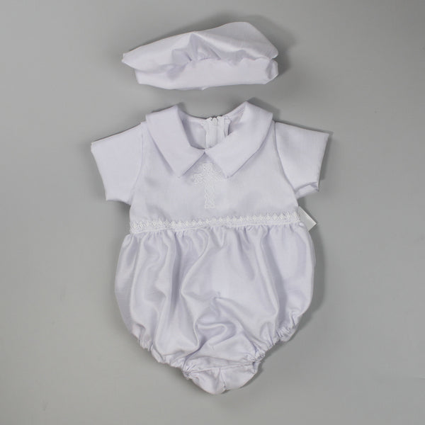 white christening romper with hat