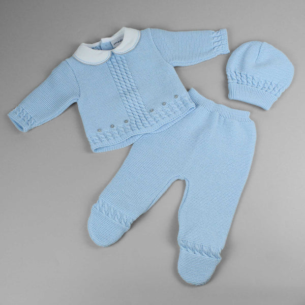 dandelion 3 piece blue boys knitted outfit