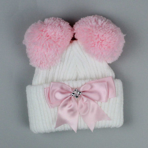 baby girl double pom hat ribbon bow