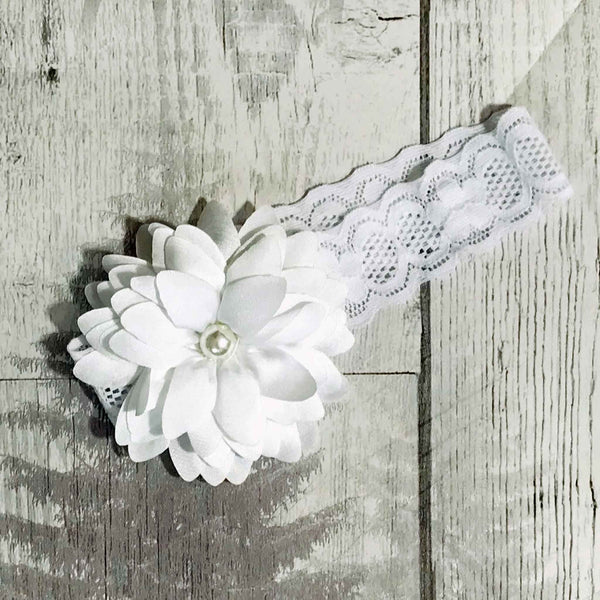 baby girl headband with white flower and pearl