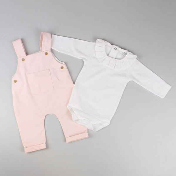 baby girls white cotton shirt vest and pink corduroy dungarees