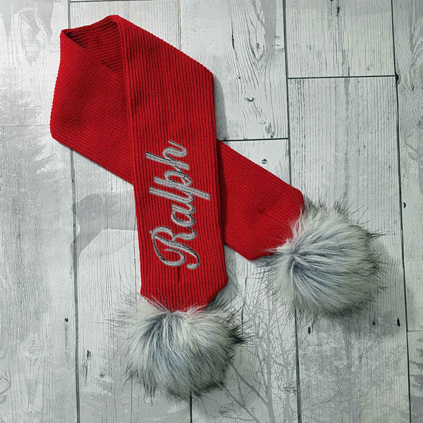 Personalised Baby Scarf Red with Faux Fur pom poms