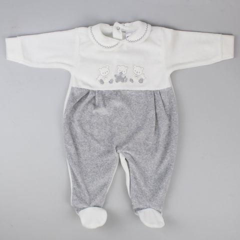Baby Velour Teddy Bear Sleepsuit - Grey & White