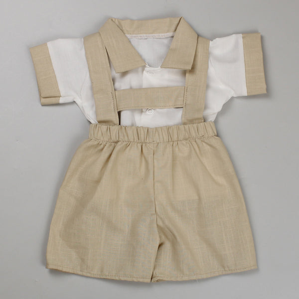 baby boys two piece shirt and shorts outfit with braces in beige