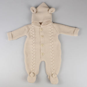 unisex baby knitted pram suit with hood beige