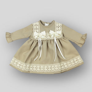 baby girl long sleeved dress beige with bows