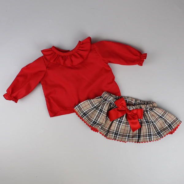 red and beige tartan two piece outfit
