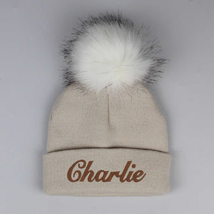 baby beige neutral hat custom name pom