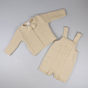 unisex baby beige knitted outfit dungarees and cardigan
