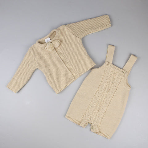 unisex baby beige knitted outfit dungarees and cardigan