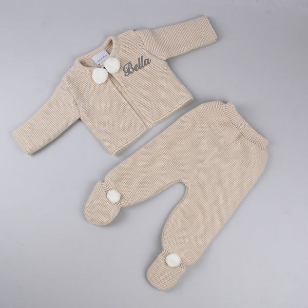 baby unisex beige knitted personalised outfit