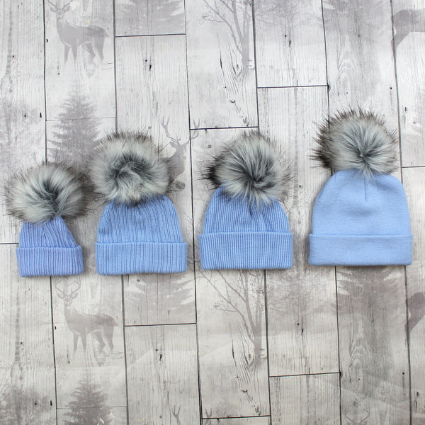 Personalised Baby Hat - Blue with Fur Pom