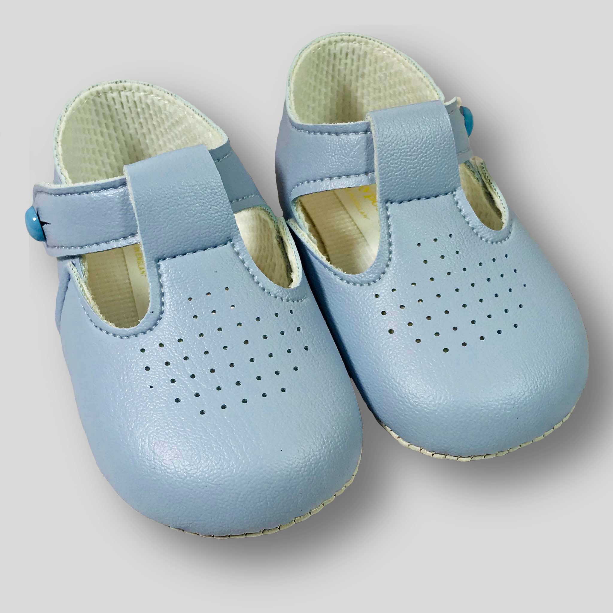 Baby boys blue pram shoes blue t bar