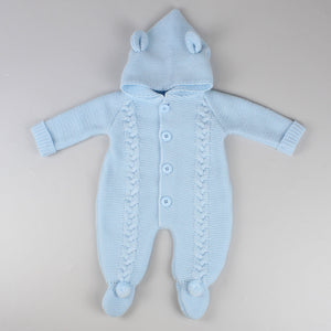 baby boy blue pram suit knitted with hood