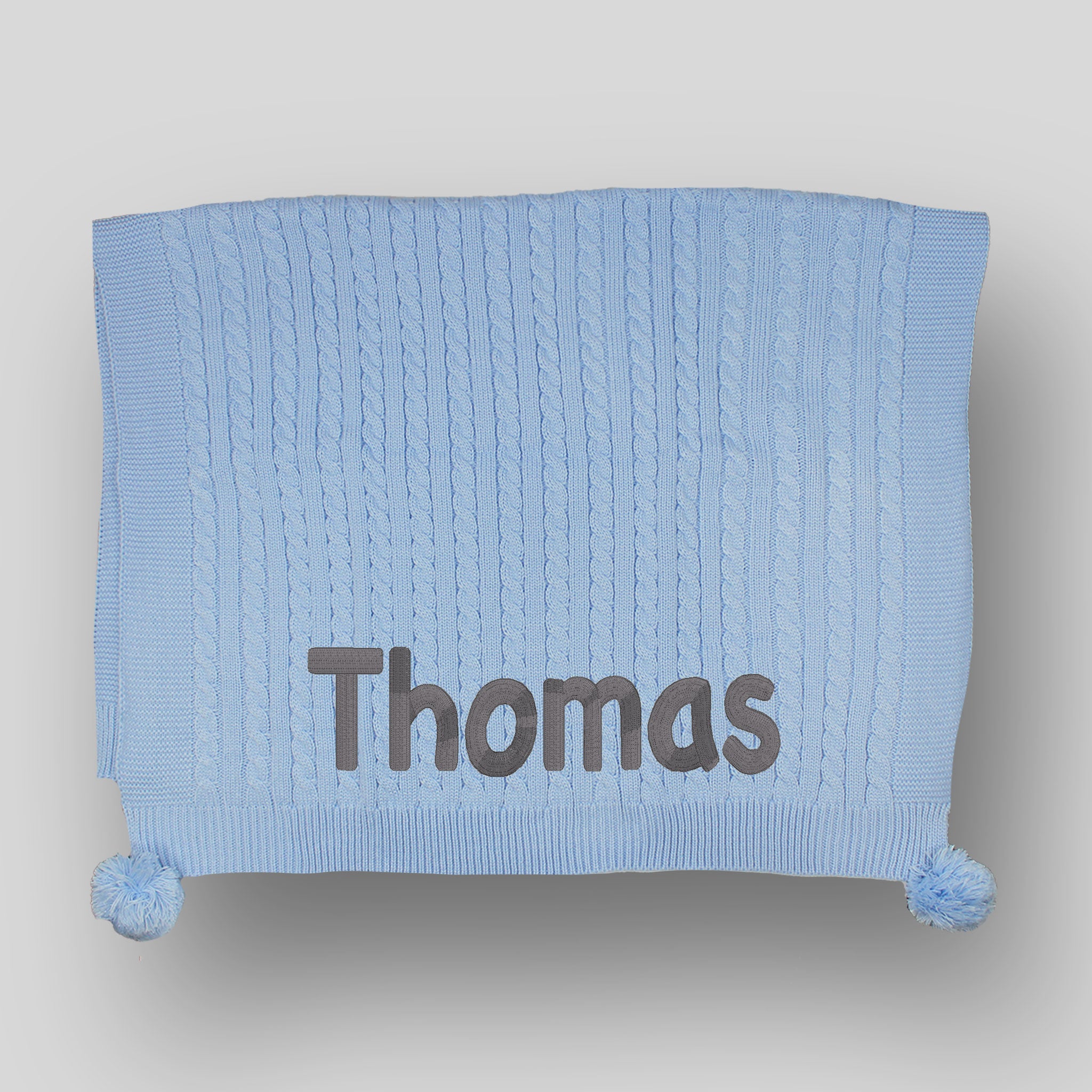 Personalised Knitted Blanket with Pom Poms- Blue