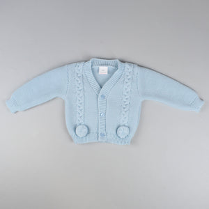 baby boys blue knitted pom pom cardigan