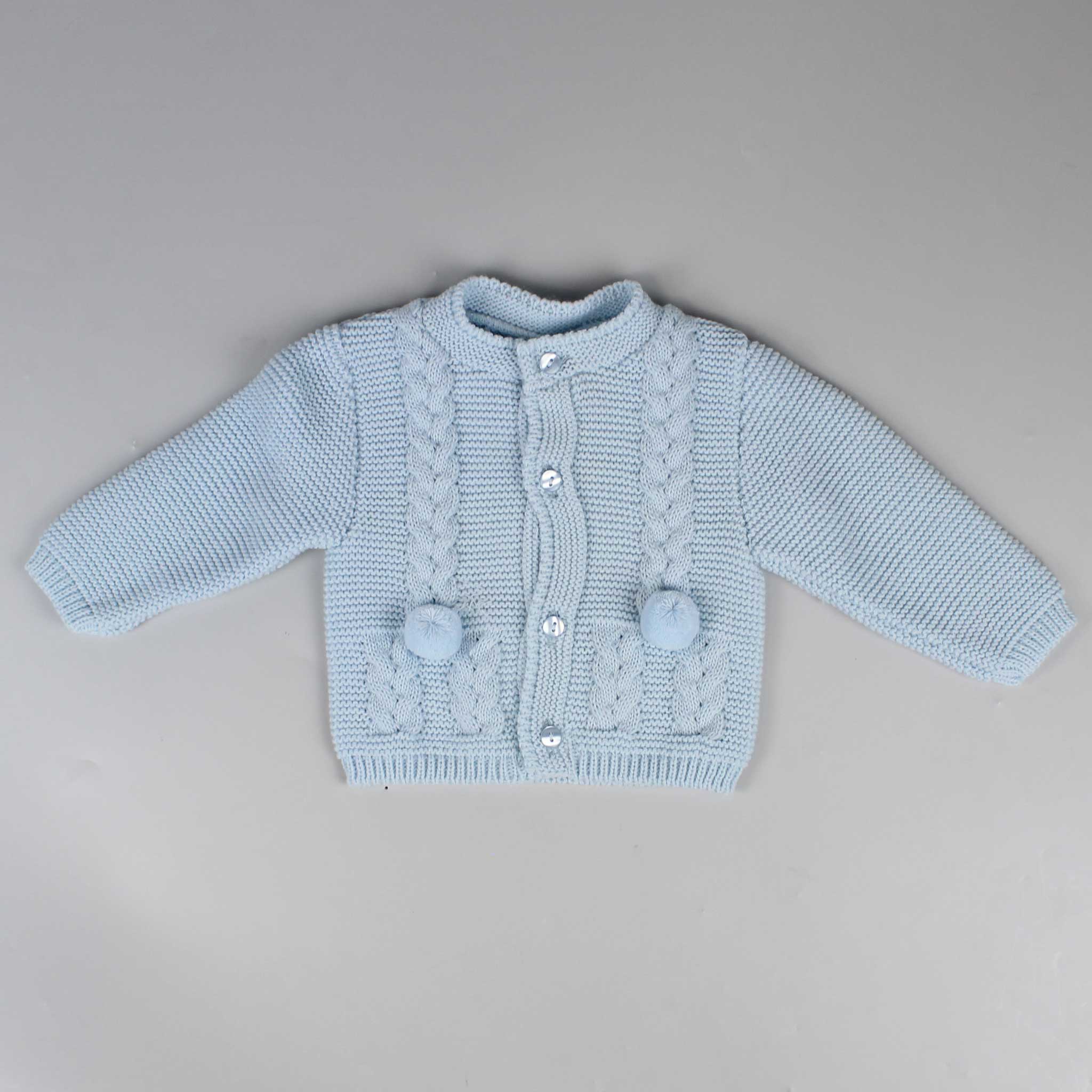 baby knitted blue pom pom cardigan