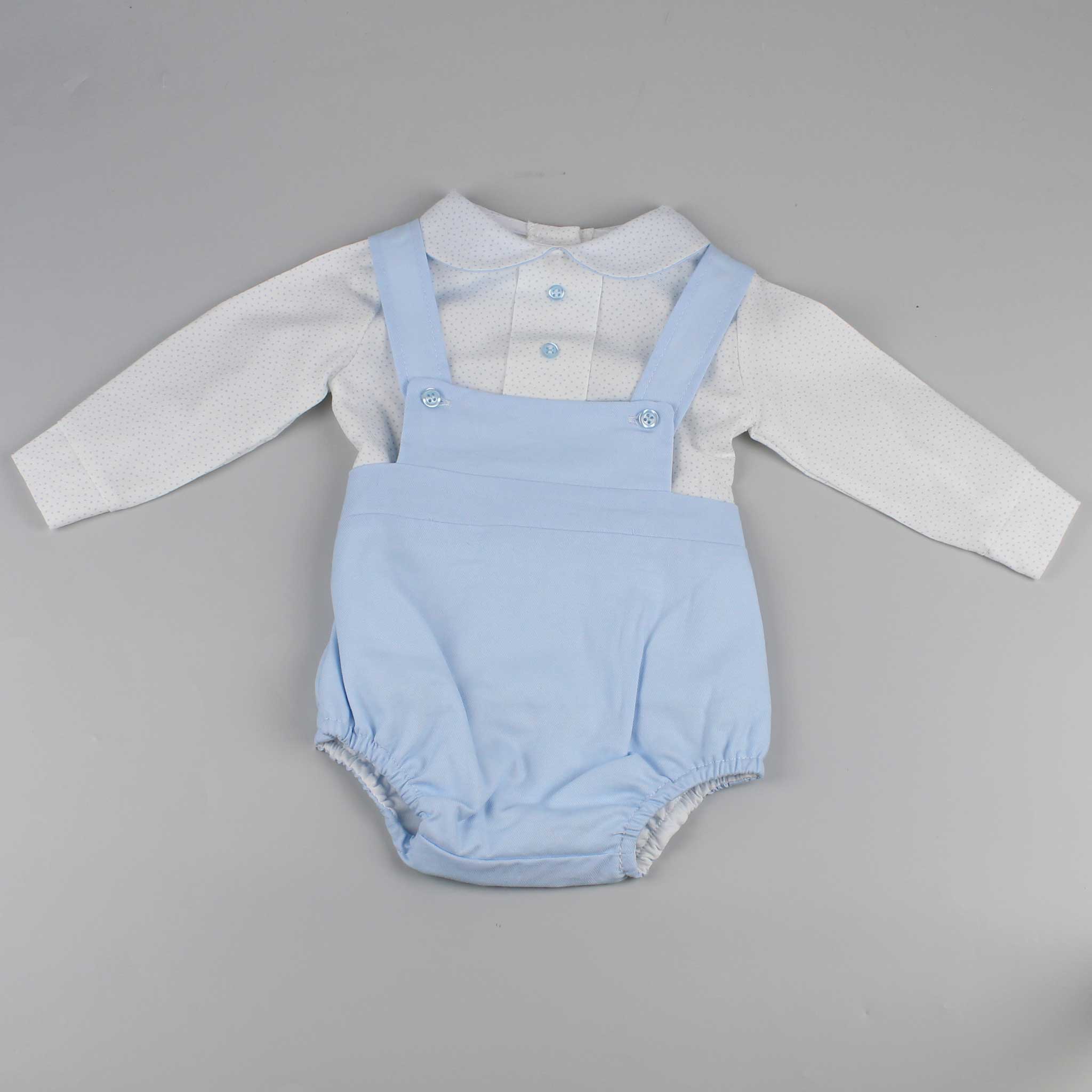 baby boys two piece blue outfit shirt and romper with braces