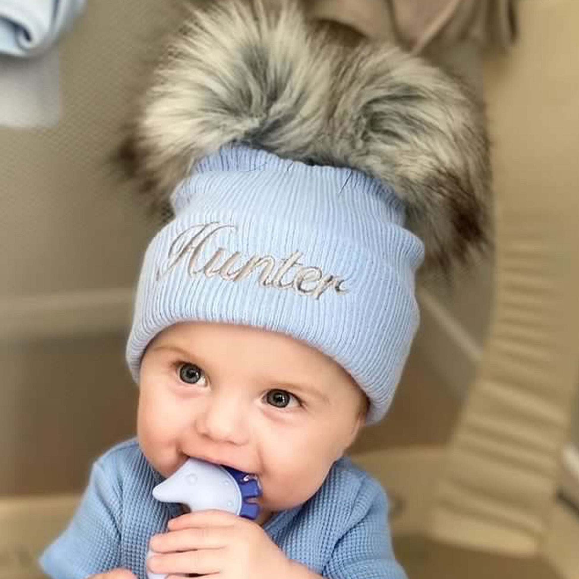 baby boys personalised blue pom pom hat