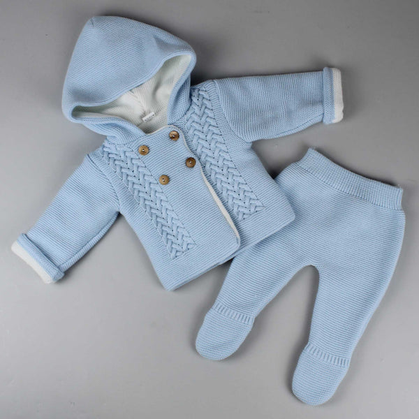 baby boys knitted blue outfit with hoodie and trousers with feet