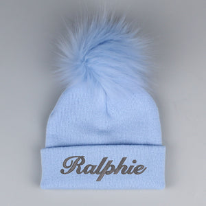 Personalised Pastel Blue Pom Hat - 2 to 6 years