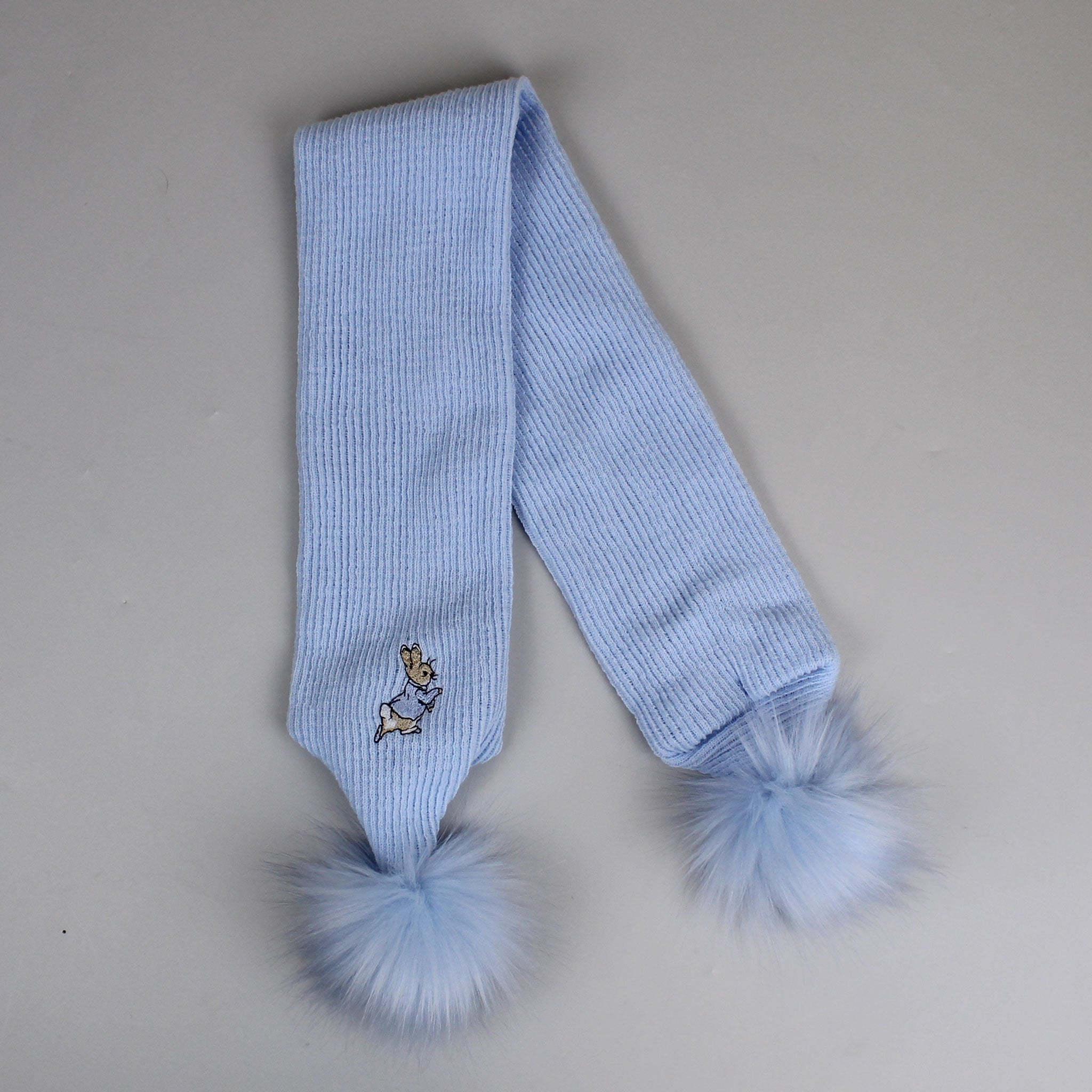 baby boys blue peter rabbit scarf with poms