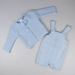 baby boys knitted two piece outfit knitted dungarees and knitted cardigan co-ord