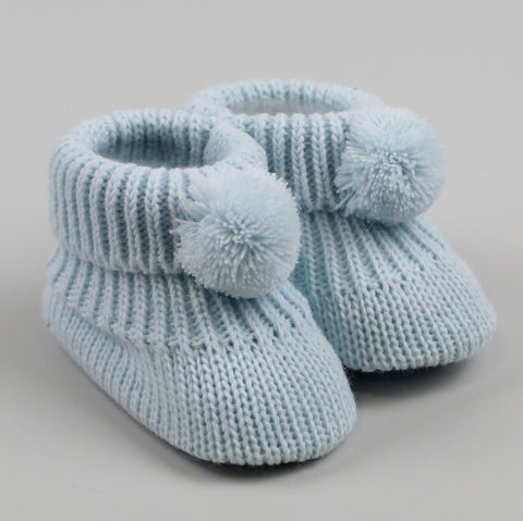 Blue Baby Booties with pom poms Newborn to 6 months