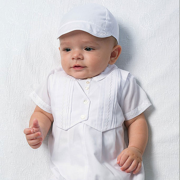 Baby Boy Christening Romper with Hat - White - Sarah Louise 002210