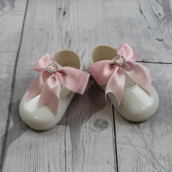 girls white and pink bows diamante shoes