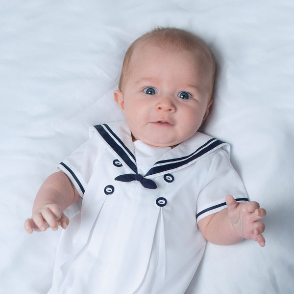 Baby Boy Christening Sailor Romper and Hat / White Navy - Sarah Louise C6002