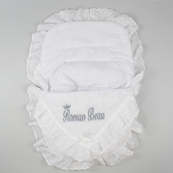 personalised baby car seat cosy toes in white