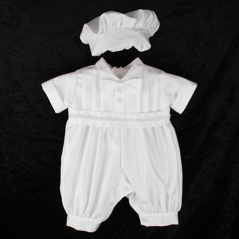 Baby Boys Classic White Christening  Romper with Hat